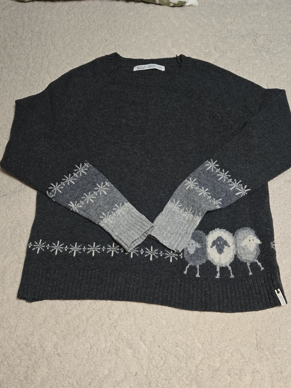 Woolrich Women's Wool Charcoal Crewneck Sweater with Gray Sheep Motif